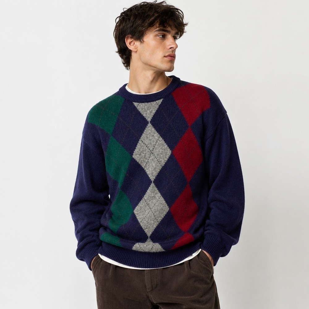 Vintage John Ashford 100% Wool Argyle Sweater Men M Navy Blue Grandpa Preppy 90s